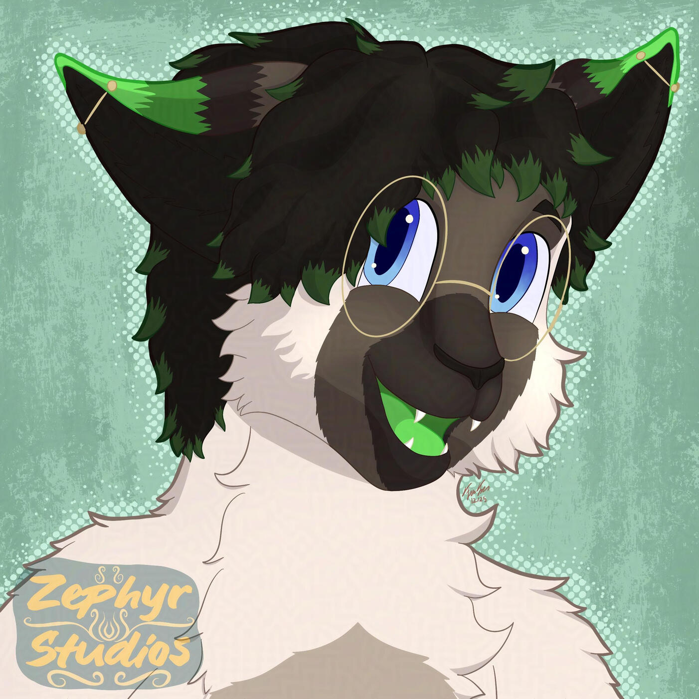 An icon illustration showing a siamese fox-cat named Anti. They have the cream and brown colors of the siamese cat with thick brown hair with green tips. Anti also wears large round glasses and an industrial piercing on each ear.