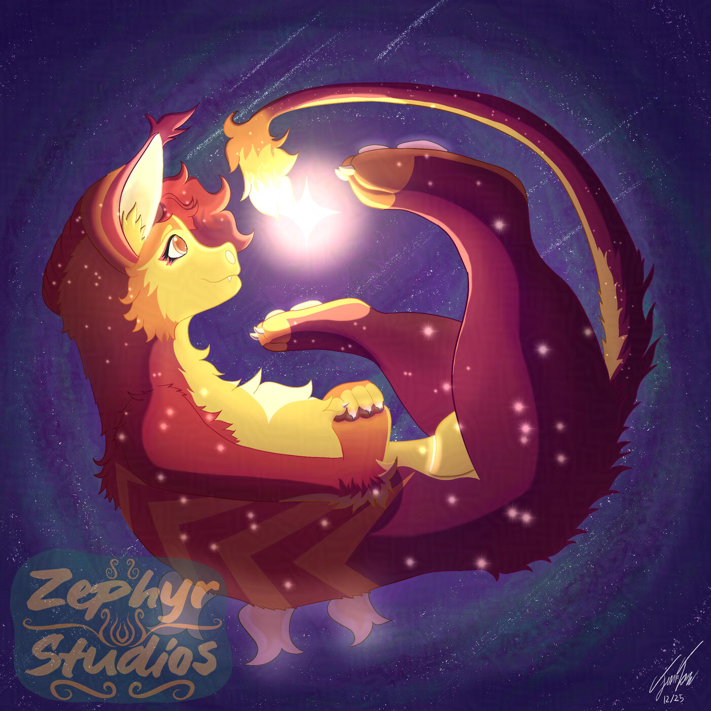 A fullbody illustration showing a Xero, an anthropomorphic fluffy alien species, floating in outer space while looking at a star-like object in front. Their coat is warm colors spanning from orange to magenta in a gradient with yellow countershading from t