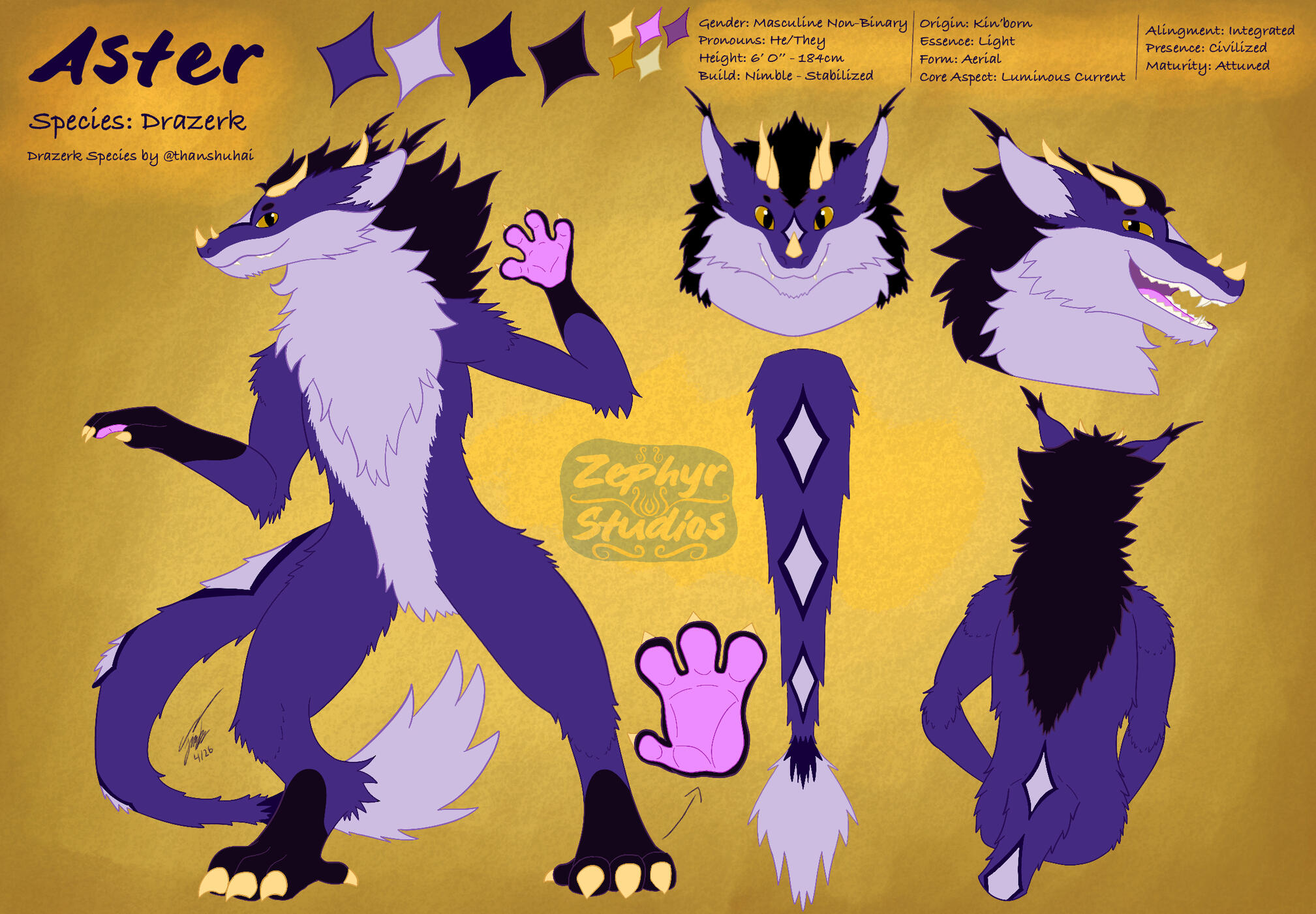 A reference sheet showing a purple fursona named Aster whose species is a Drazerk, a furred anthropomorphic dragon-like species. The refsheet shows a front view, two headshots (one is head on and symmetrical and the second is a side view), a top down tail
