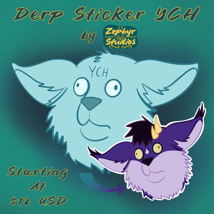 A promo image for a YCH sticker with the base showing a wide-eyed, clueless fursona and a completed version of the sticker.
