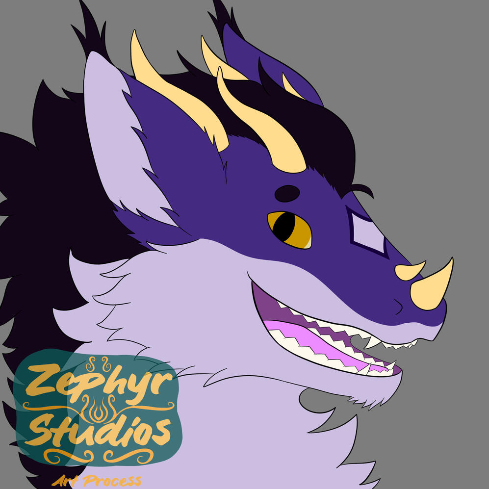 Flat colors are added with purple fur, off-white purple undertone countershading, Black mane-like hair that goes from the top to the back, black tufts on the ears, four yellow-ish horns, two small yellow horns on the nose, and a star pattern on the snout.