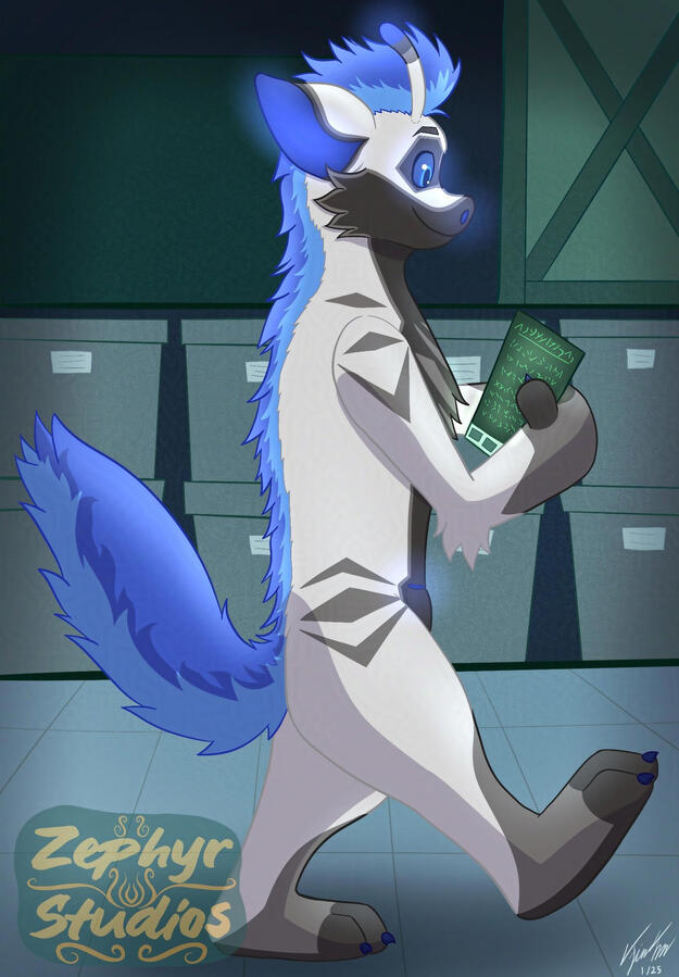 A fullbody illustration showing an fluffy anthropomorphic alien named Zenith whose species is a Xero. He has a white coat with dark gray reverse countershading and blue hair resembling a flame that runs from the top of his head down his back and his tail.