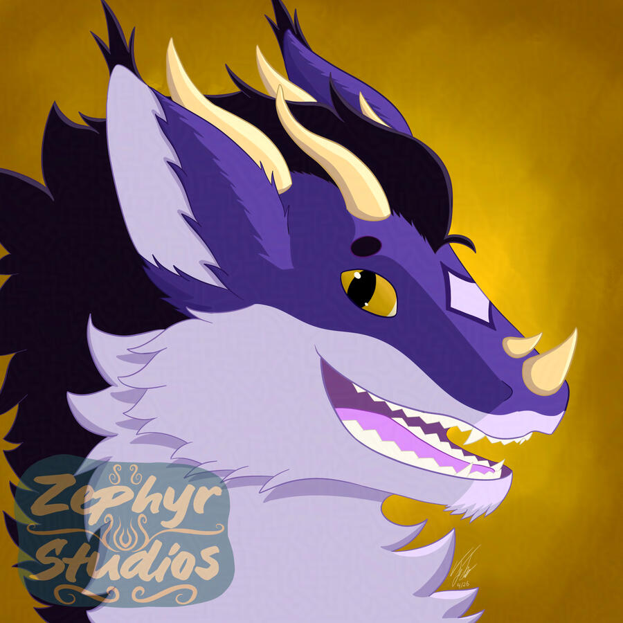 An icon showing a purple anthropomorphic furred dragon character named Aster. He has black hair that resembles a mane that runs from the top of his head towards the back, very light off-white lavender countershading, yellow eyes, four curved horns on his h