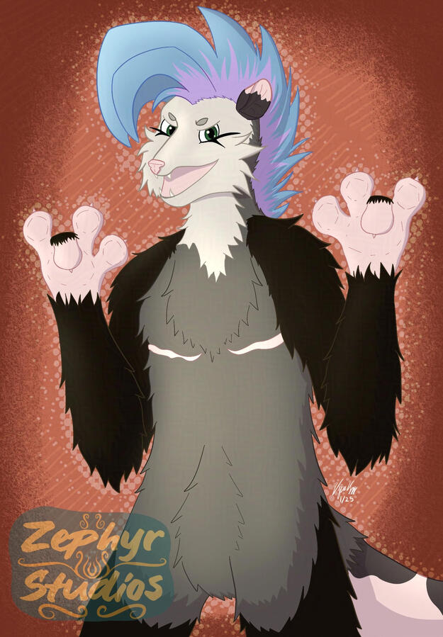 A halfbody artwork showing an anthropomorphic opossum character with blue and lilac spiky hair with their arms up in a “rock on” pose.