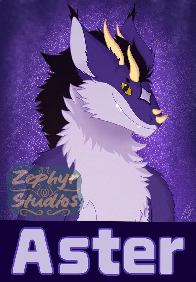 Digital toony style artwork featuring a purple drazerk charcter named Aster in front of a background resembling a starry portion of outer space with his name written on the bottom.