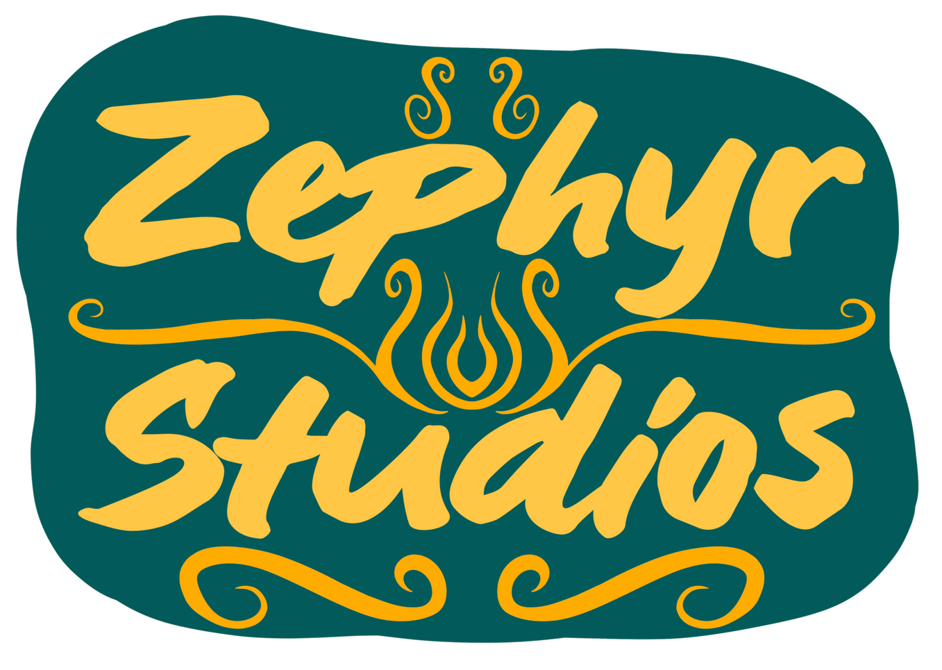 Text logo for Zephyr Studios with gold color text and symbols with a green teal background